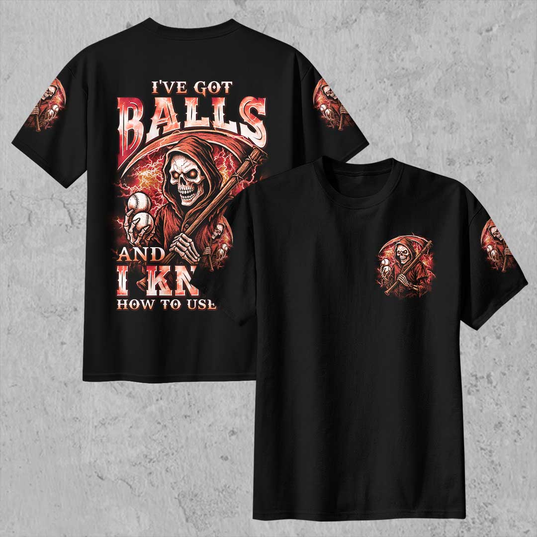 I've Got Balls And I Know How To Use Them All Over Print Skull Baseball T-Shirt