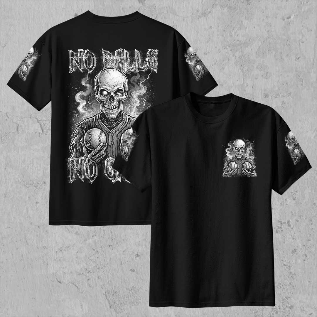 No Balls No Game All Over Print Skull Baseball T-Shirt