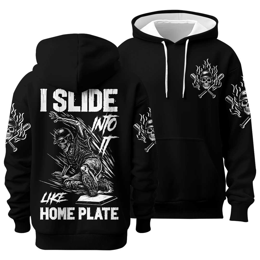 I Slide Into It Like Home Plate - Custom Black Grey Skull Baseball Hoodie