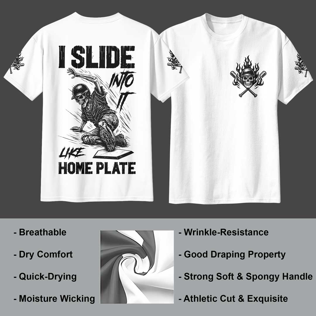 I Slide Into It Like Home Plate All Over Print Skull Baseball T-Shirt