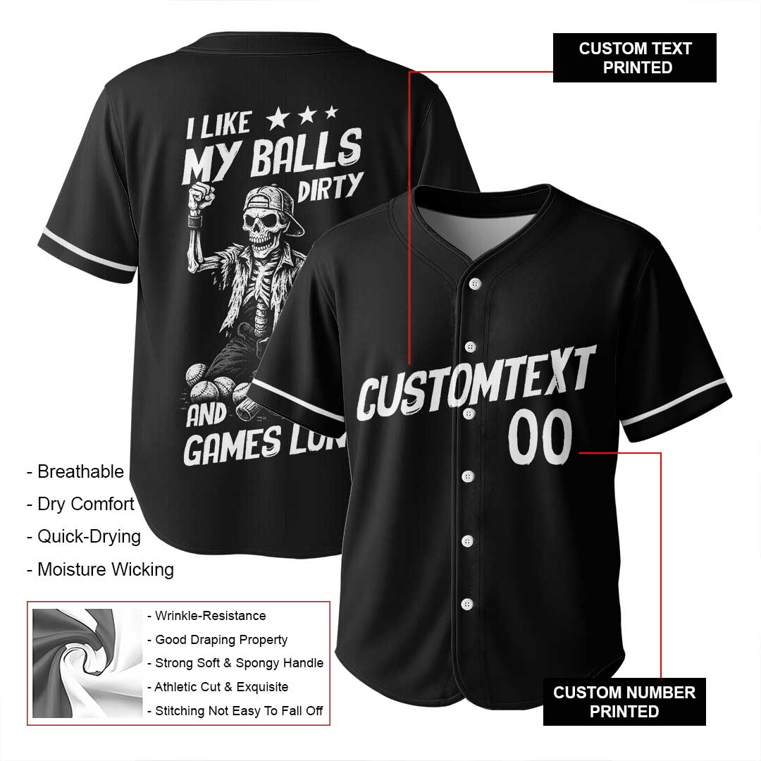 Dirty Balls and Long Games - Custom Black Skull Baseball Jersey