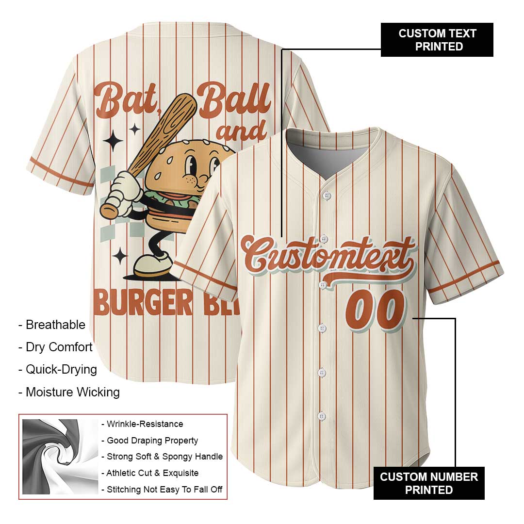 Bat, Ball and Burger Bliss - Custom Groovy Cream Baseball Jersey