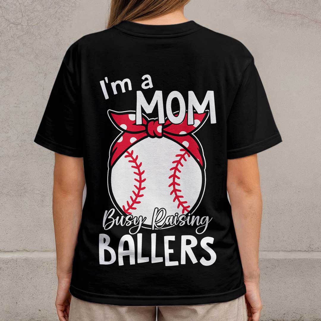 I'm A Mom Buys Raising Ballers - Black and White Baseball T-Shirt