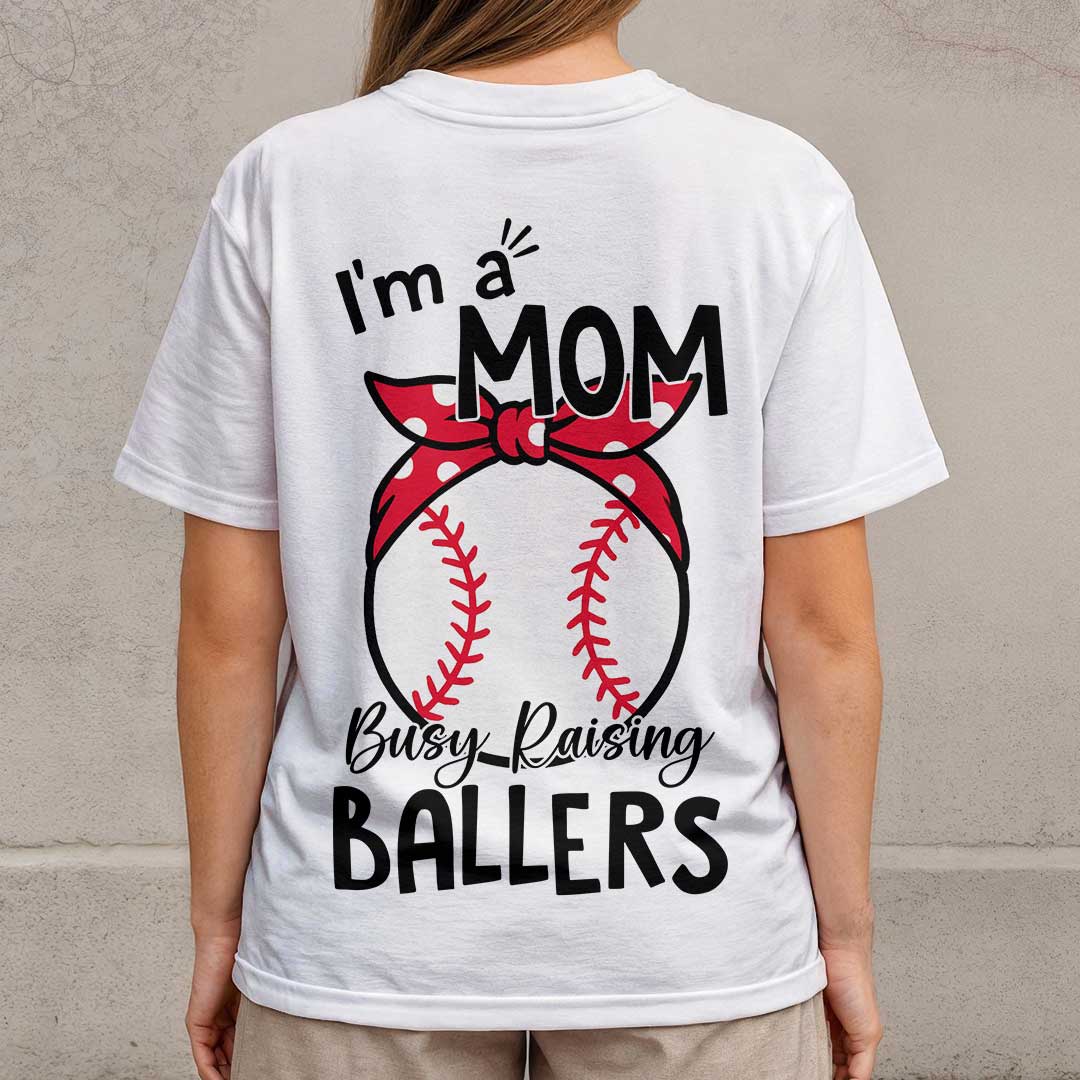 I'm A Mom Buys Raising Ballers - Black and White Baseball T-Shirt