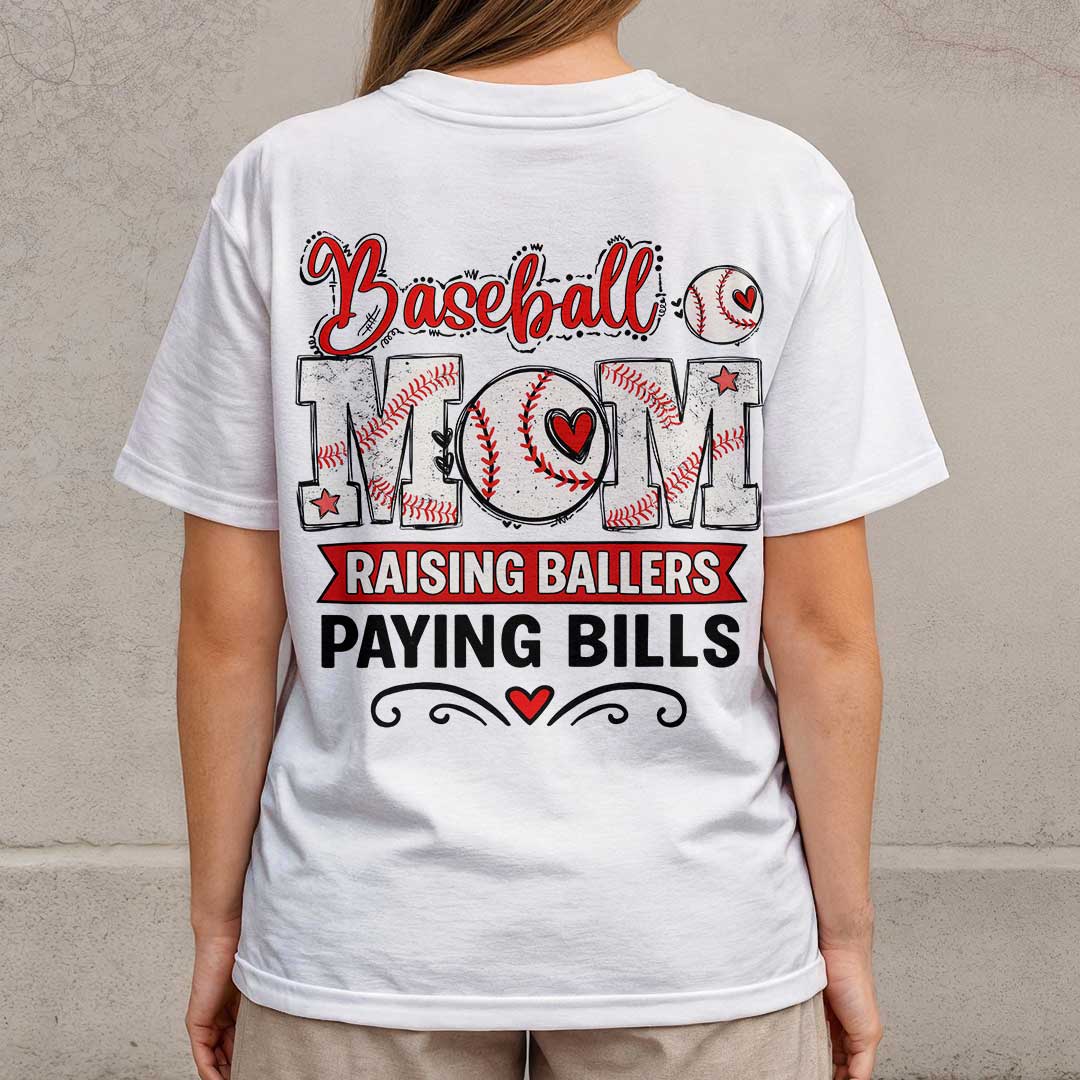 Baseball Mom Raising Ballers Paying Bills - White and Maroon Baseball T-Shirt