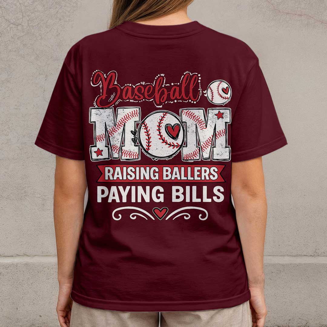 Baseball Mom Raising Ballers Paying Bills - White and Maroon Baseball T-Shirt