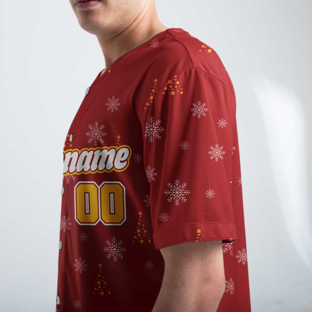 Custom Christmas Baseball Jersey with Snowflake and Pine Tree Pattern