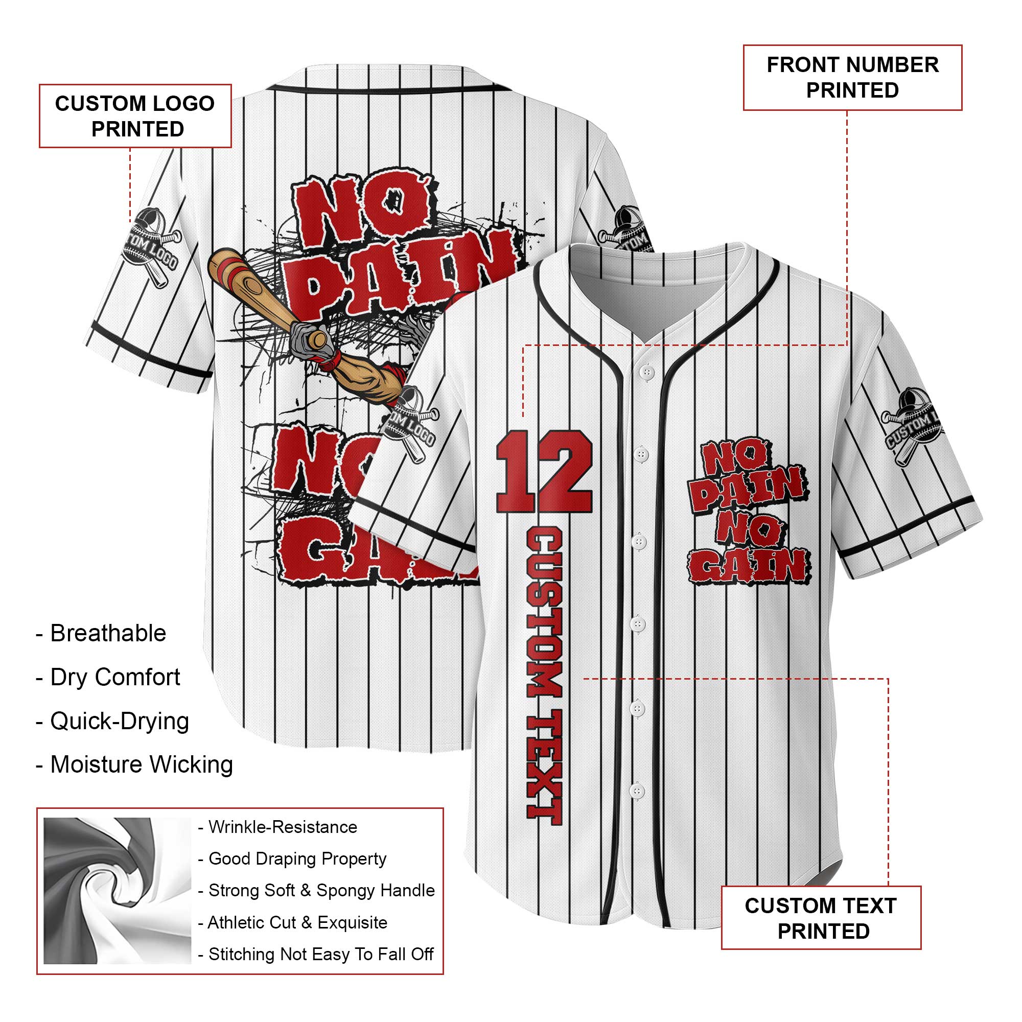 No Pain No Gain - Custom White Black Stripes Baseball Jersey