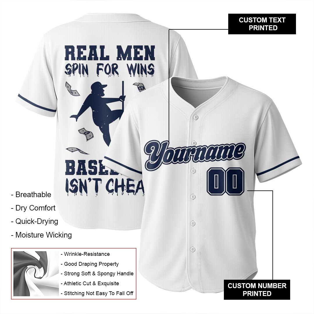 Real Men Spin For Wins - Custom White Navy Baseball Jersey