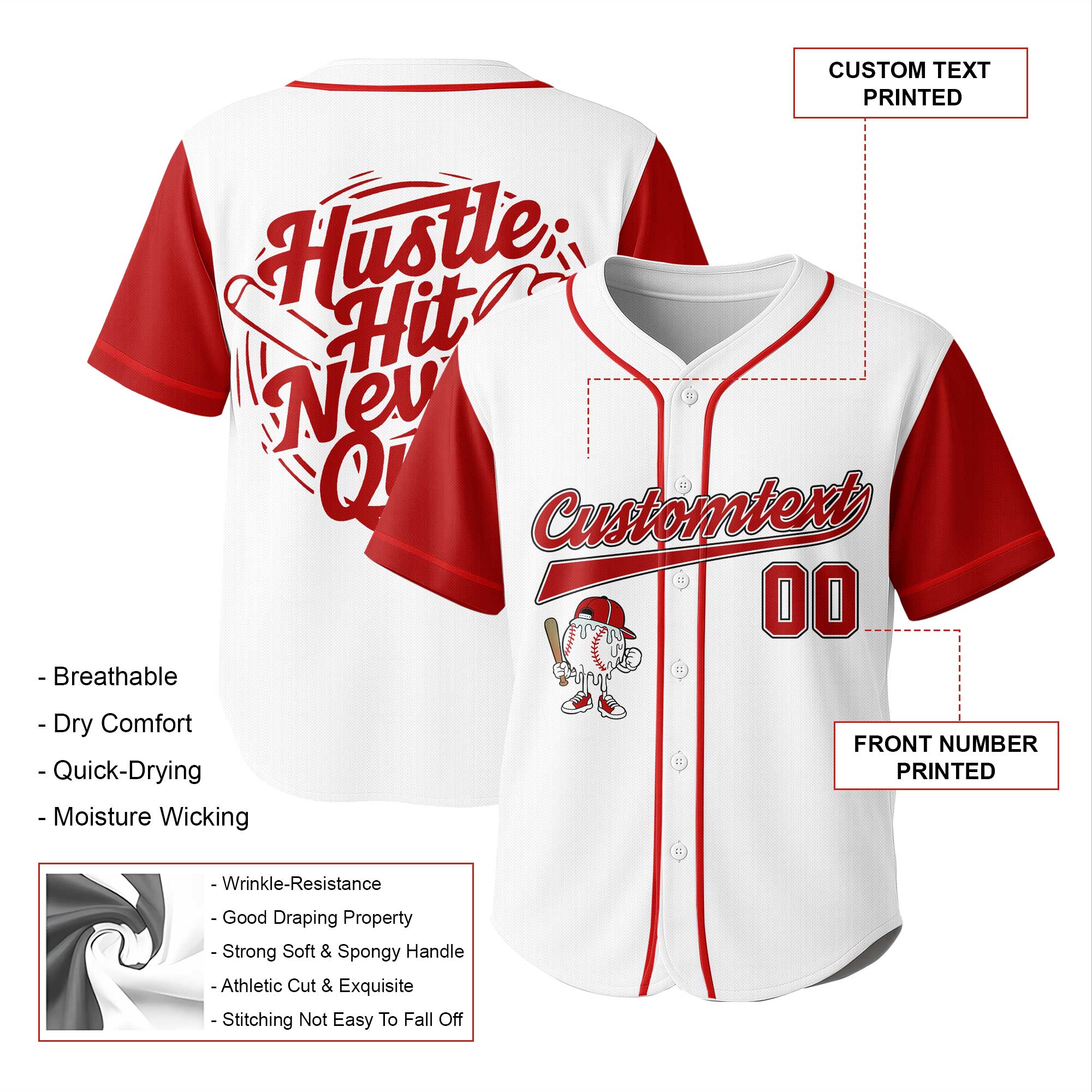 Hustle Hit Never Quit - Custom White and Red Raglan Baseball Jersey