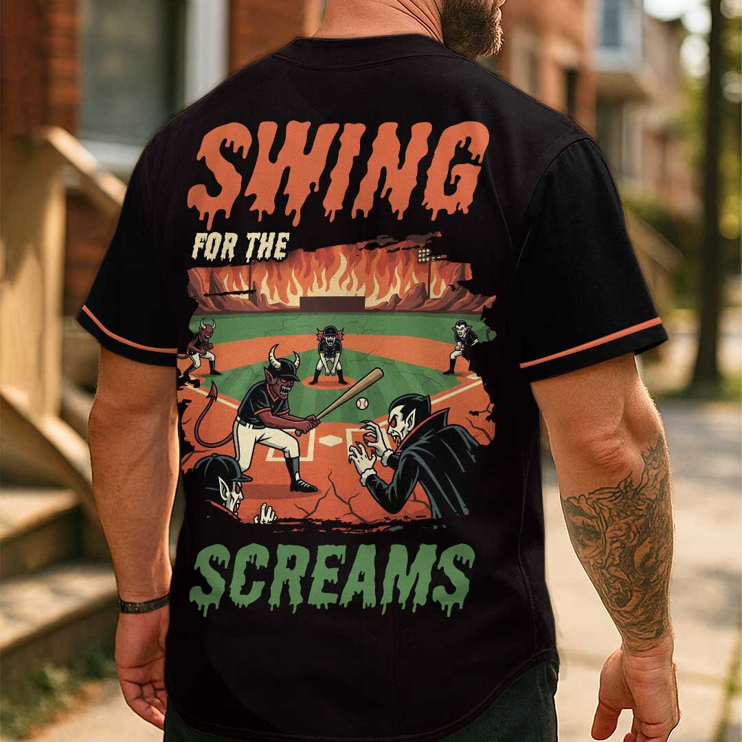 Swing For The Screams - Custom Black Orange Halloween Baseball Jersey