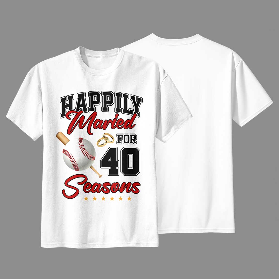 Happily Married For Many Seasons - Black White Baseball Couple T-Shirt