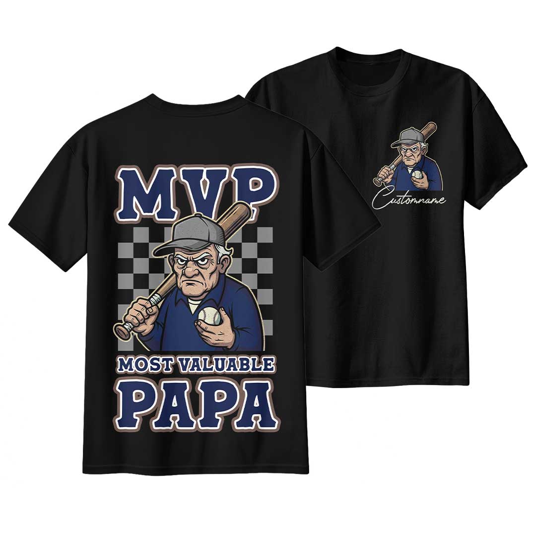 MVP Means Most Valuable Papa - Black Grey Two Sided Baseball T-Shirt