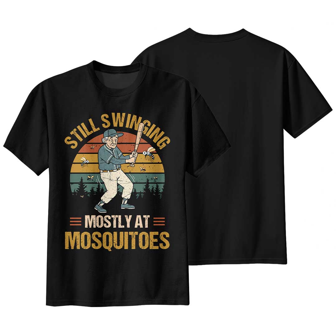 Still Swinging... Mostly At Mosquitoes - Black Grey Green Baseball T-Shirt