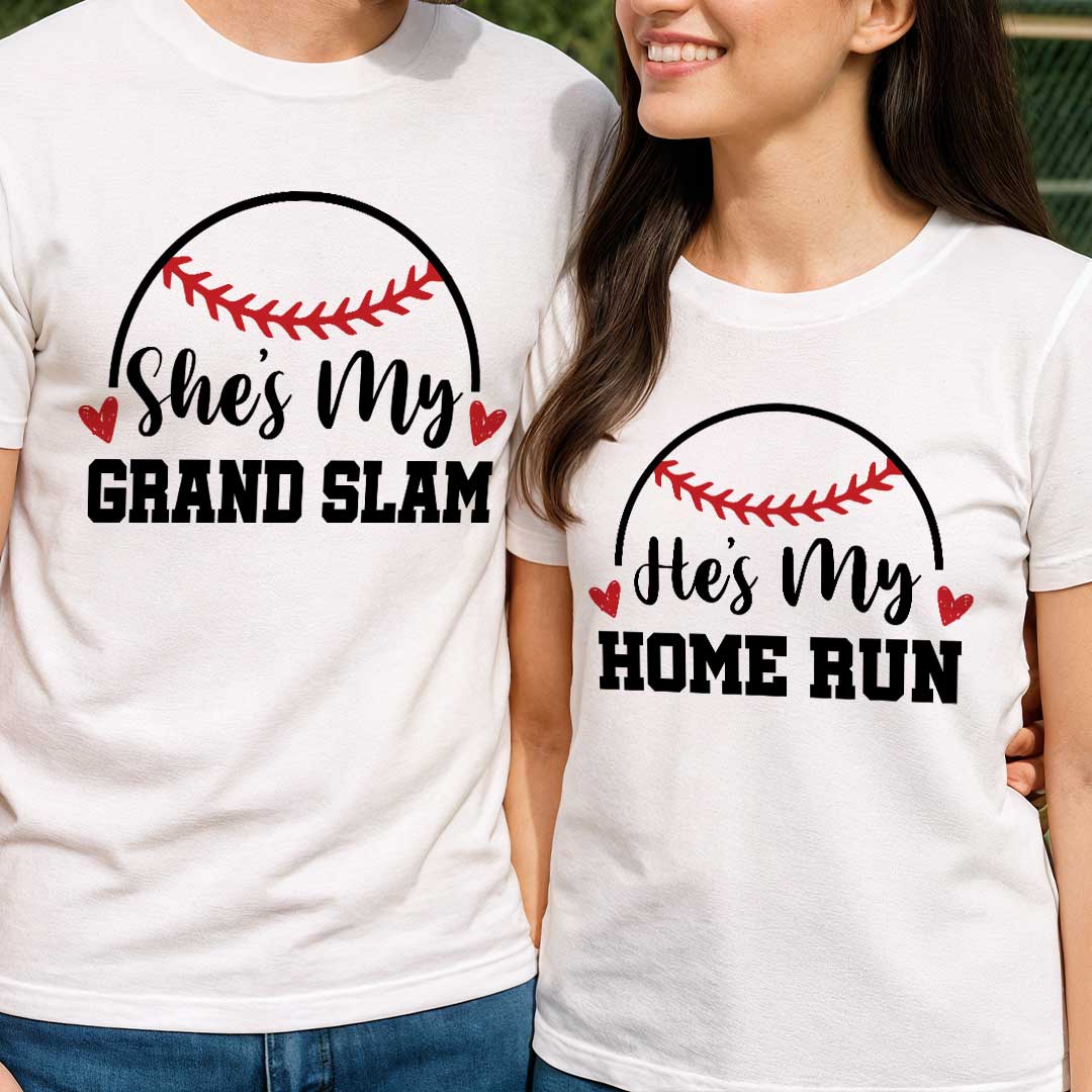 She's My and He's My - Black White Baseball Couple T-Shirt