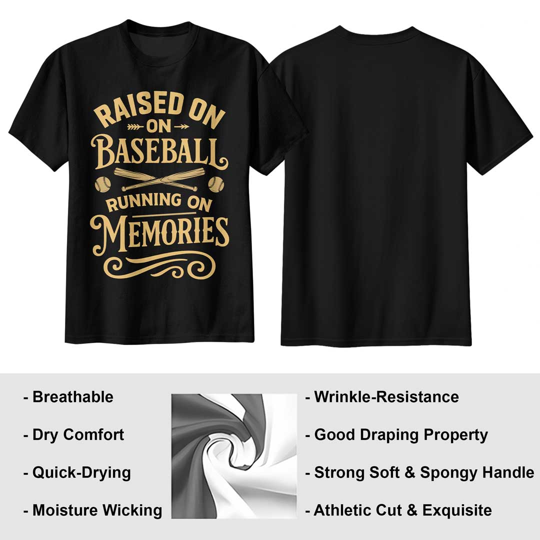 Raised On Baseball Running On Memories - Black White Baseball T-Shirt