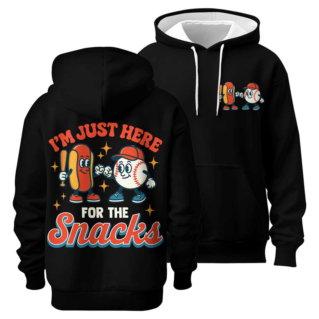 I'm Just Here For The Snacks - Custom Black White Baseball Hoodie