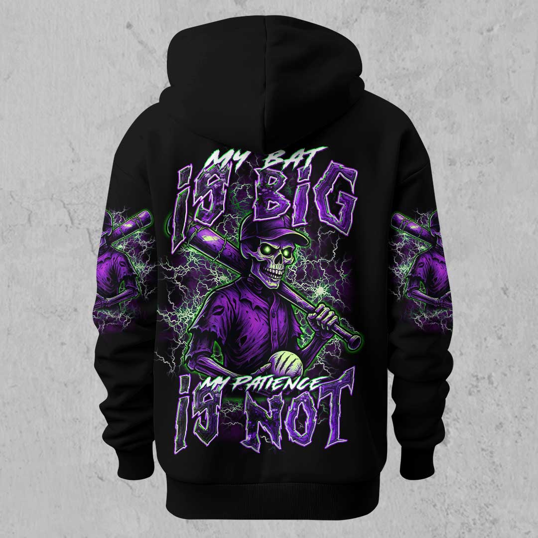 My Bat Is Big My Patience Is Not - Custom Black Skull Baseball Hoodie