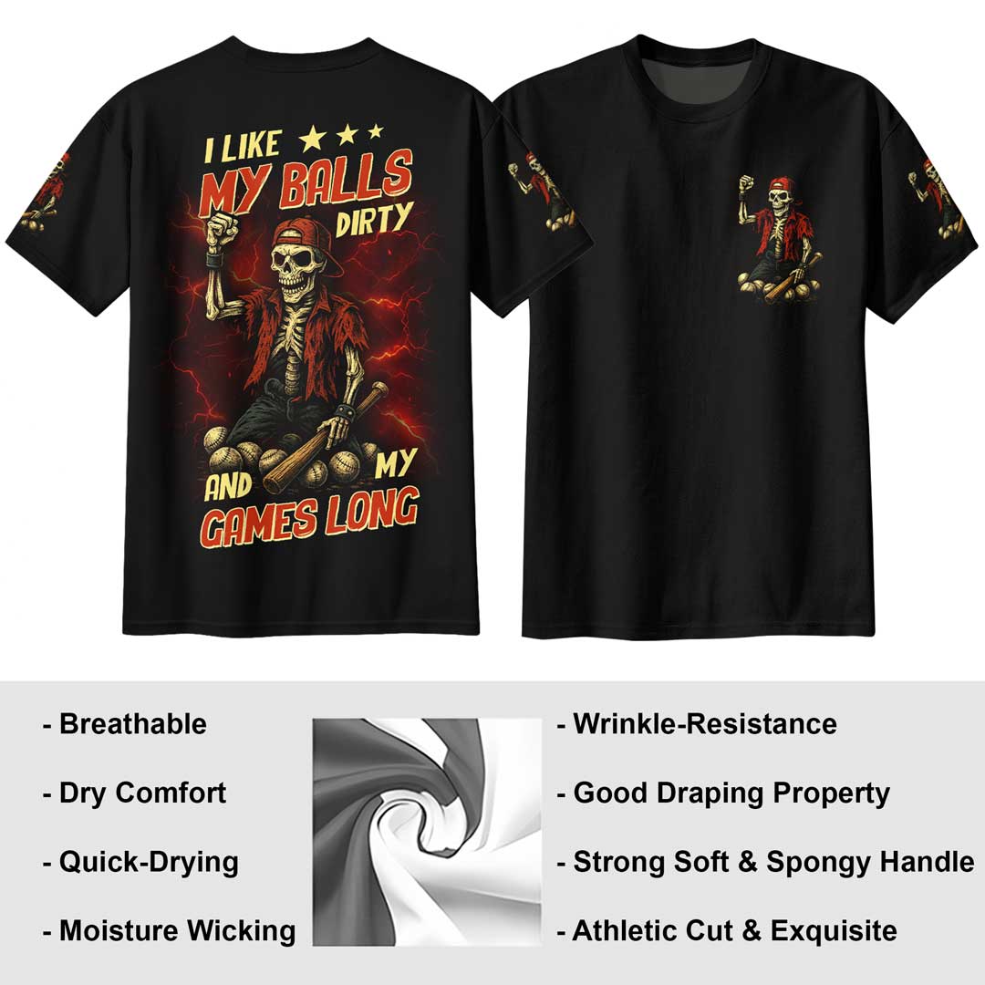 Like It When Balls Dirty and Games Long All Over Print Skull Baseball T-Shirt