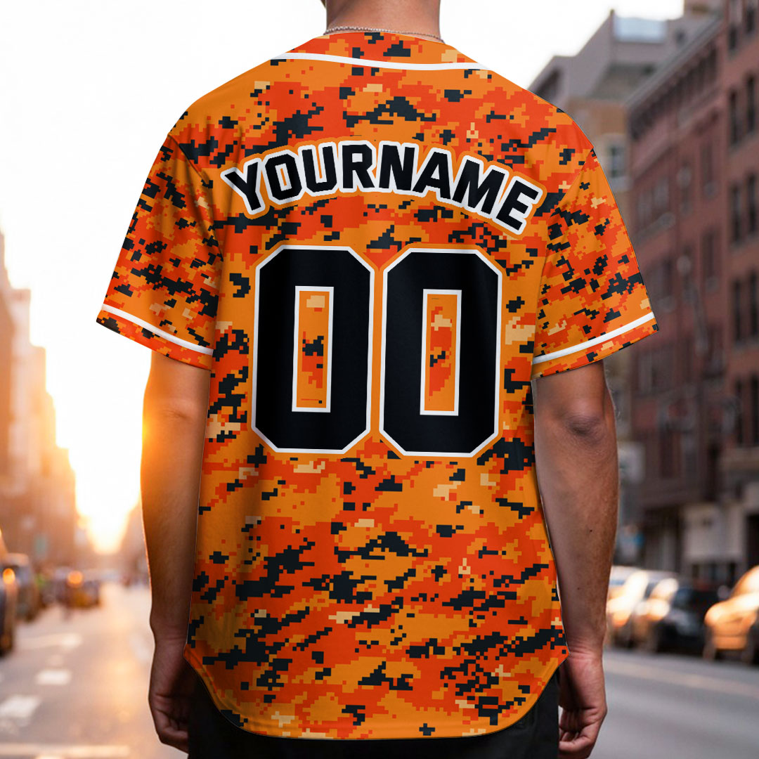 Custom Baseball Jersey with Orange Camouflage Pattern