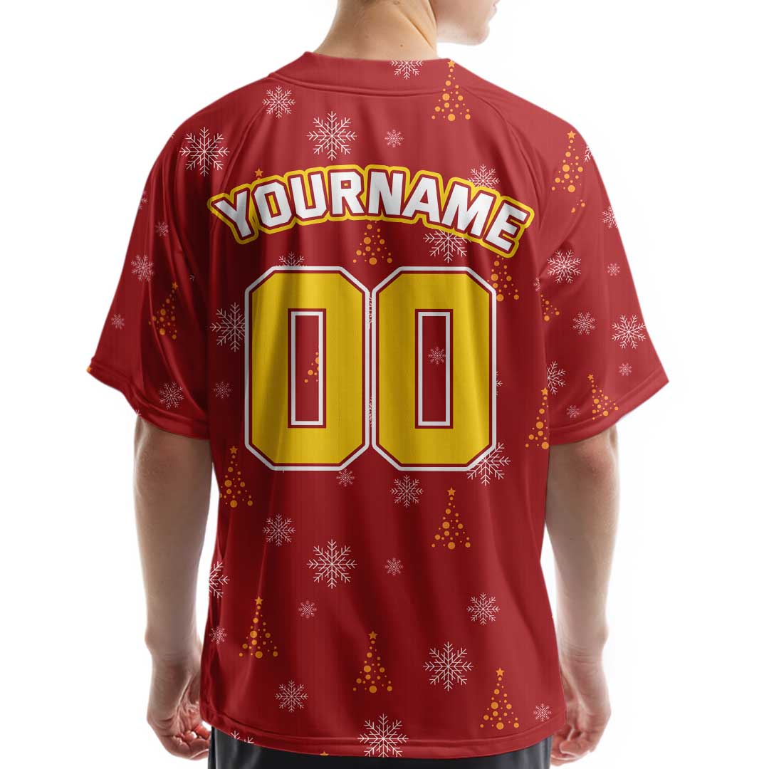 Custom Christmas Baseball Jersey with Snowflake and Pine Tree Pattern
