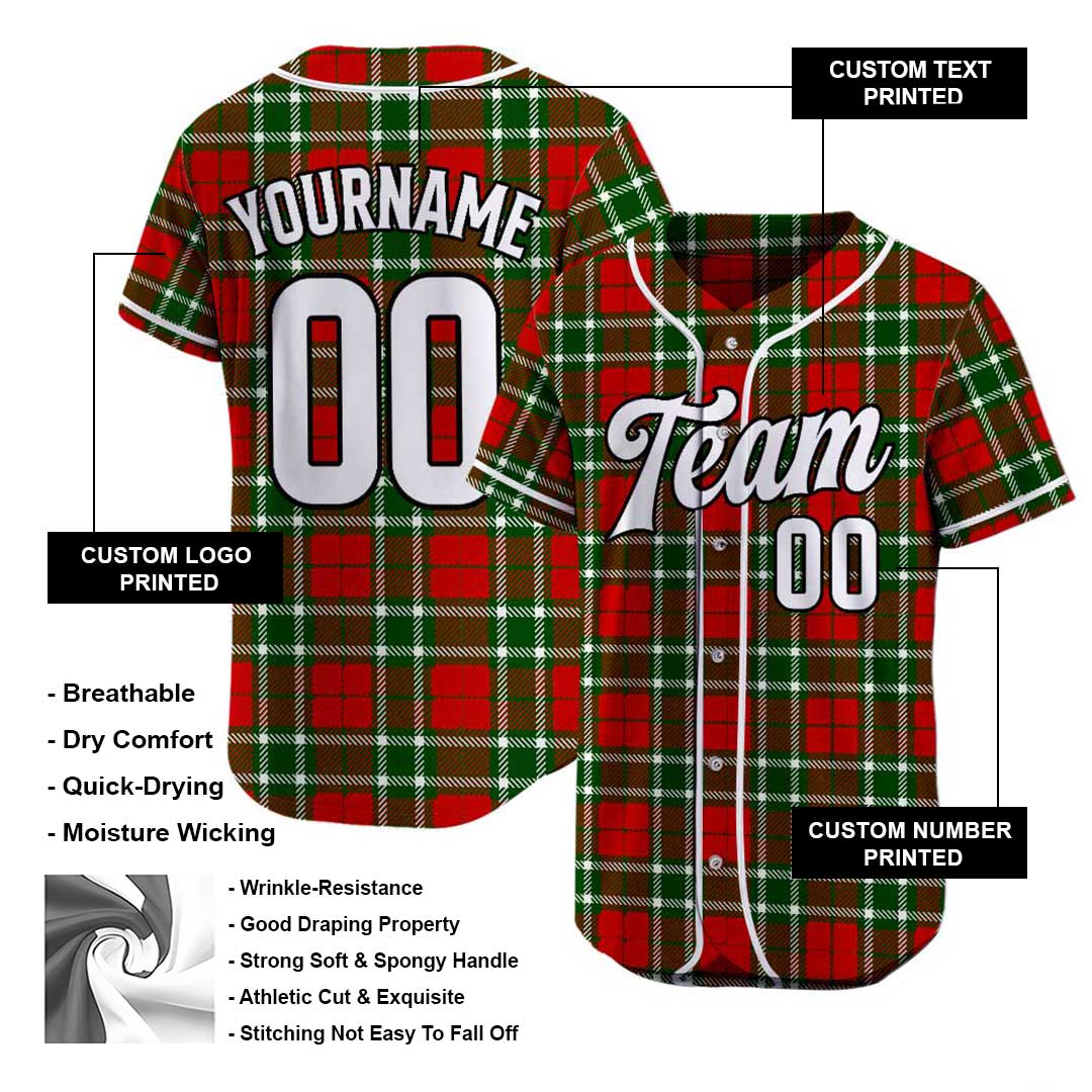 Custom Baseball Jersey with Christmas Plaid Pattern