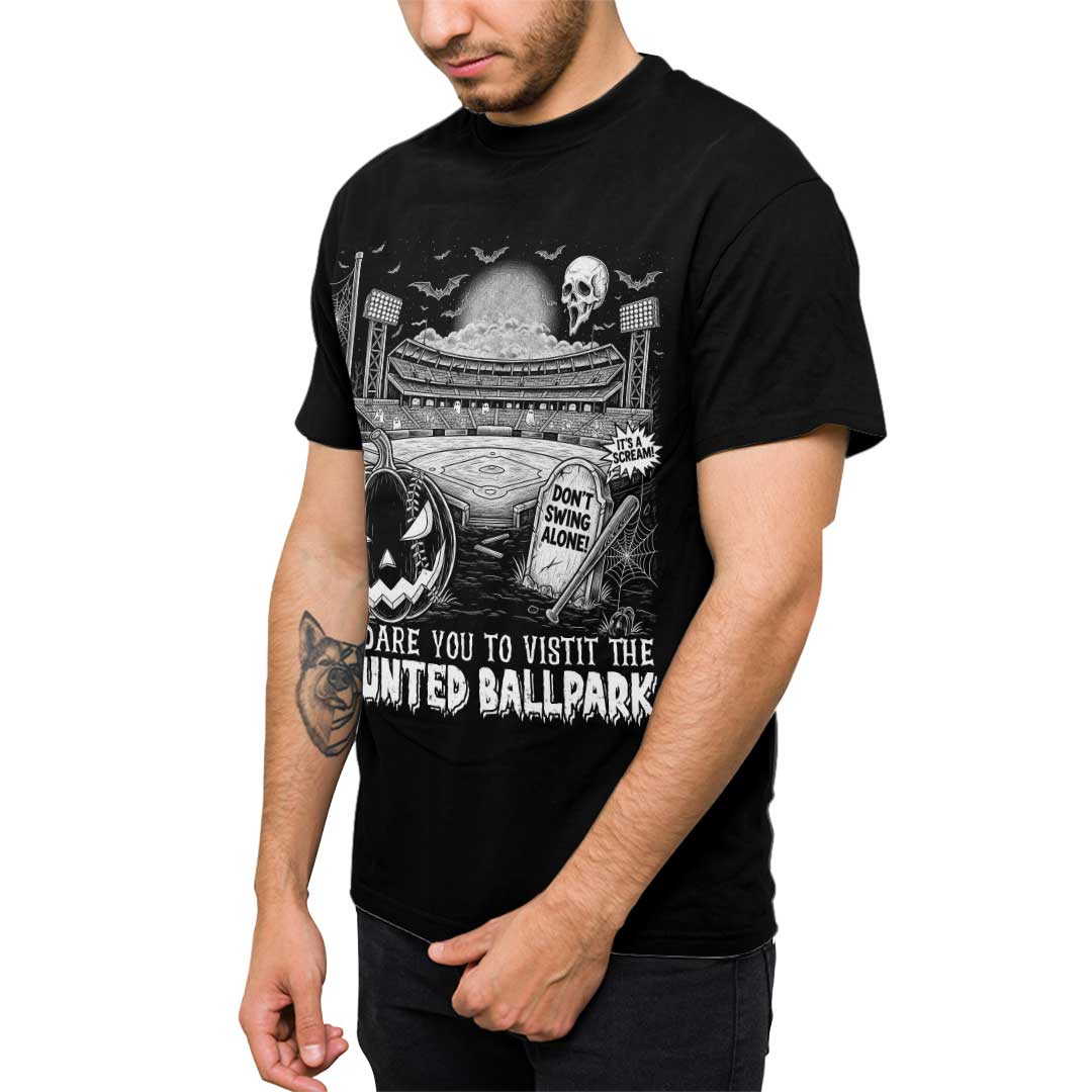 We Dare You To Visit The Haunted Ballpark Black Baseball Halloween T-Shirt