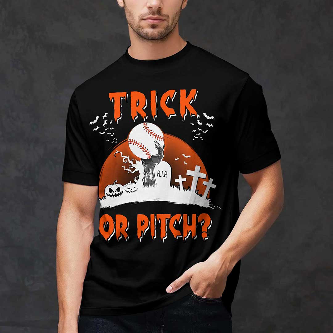 Trick Or Pitch Black White Baseball Halloween T-Shirt