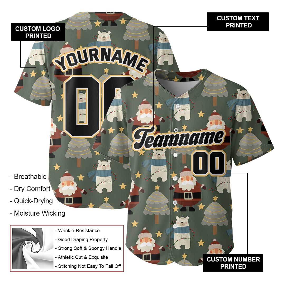 Custom Baseball Jersey with Santa and Bear Christmas Pattern