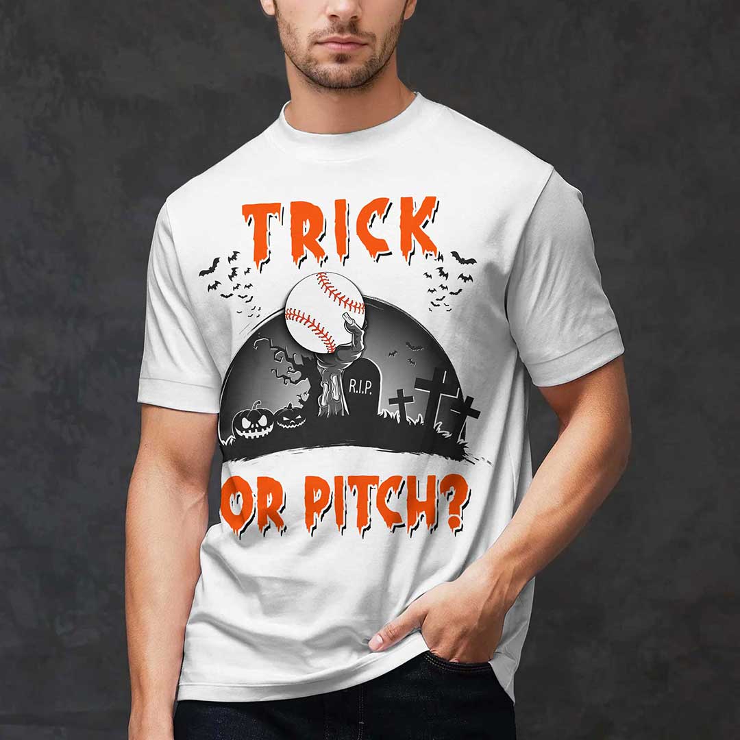 Trick Or Pitch Black White Baseball Halloween T-Shirt