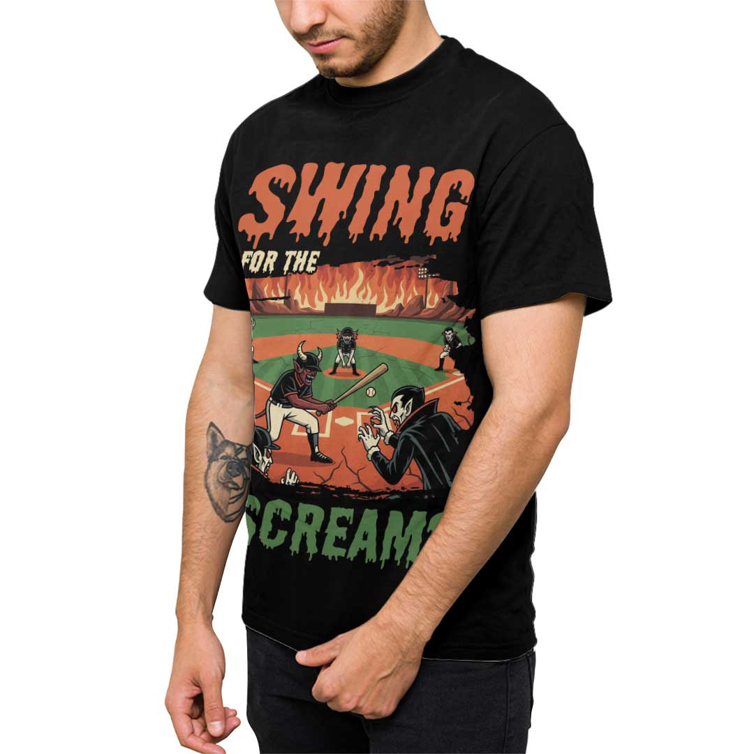 Swing For The Screams Black White Baseball Halloween T-Shirt
