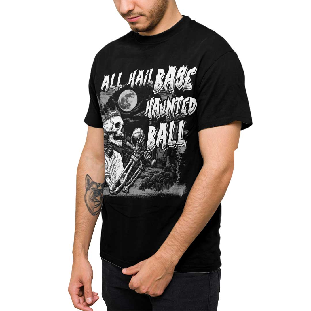 All Hail Base-Haunted-Ball Black White Baseball Halloween T-Shirt