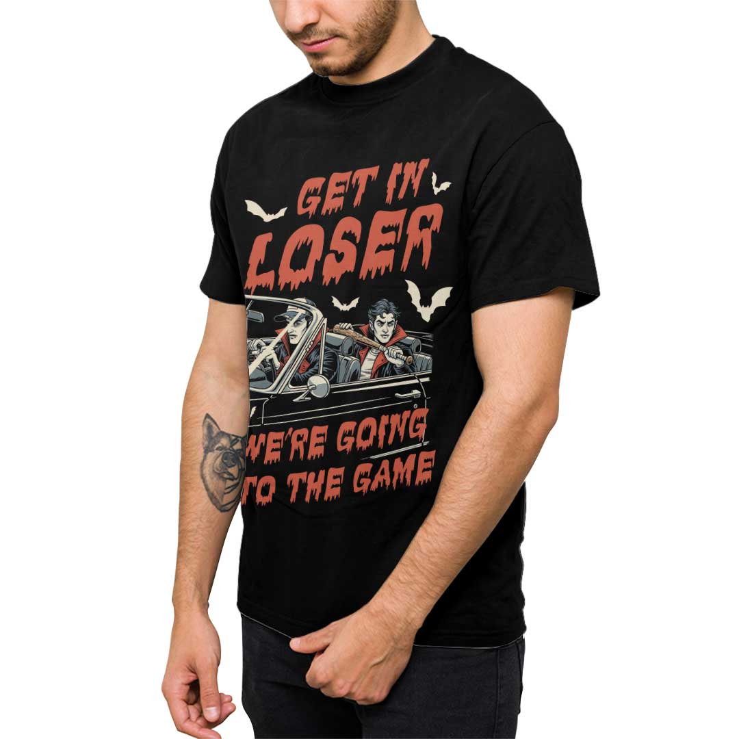 Get In Loser We're Going To The Game Black White Baseball Halloween T-Shirt