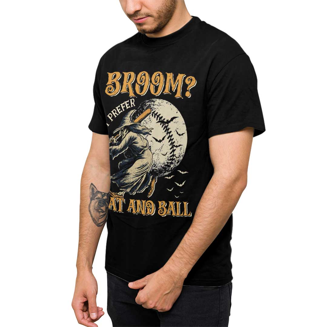 A Witch Prefers Bat And Ball Black White Baseball Halloween T-Shirt