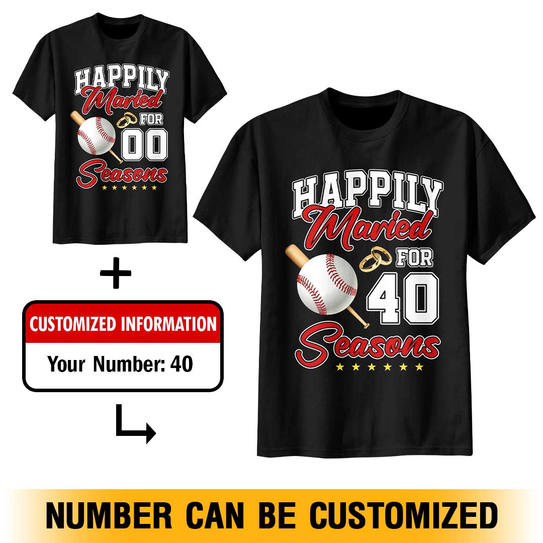 Happily Married For Many Seasons - Black White Baseball Couple T-Shirt