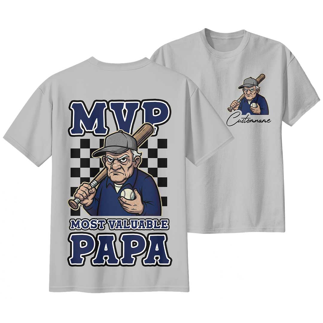MVP Means Most Valuable Papa - Black Grey Two Sided Baseball T-Shirt