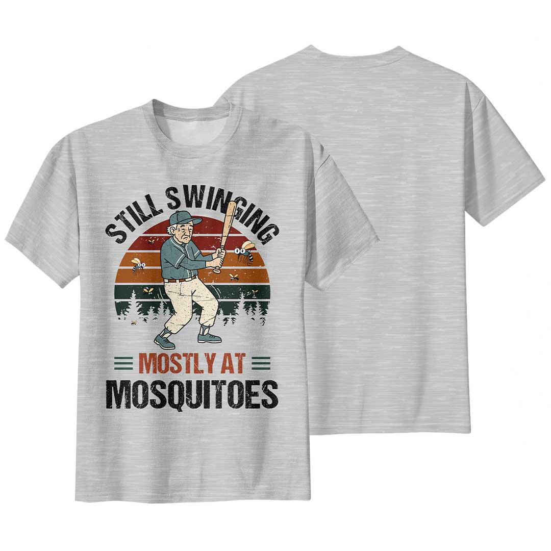 Still Swinging... Mostly At Mosquitoes - Black Grey Green Baseball T-Shirt
