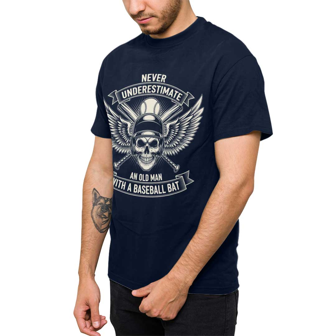Never Underestimate Old Man - Black Navy Baseball T-Shirt