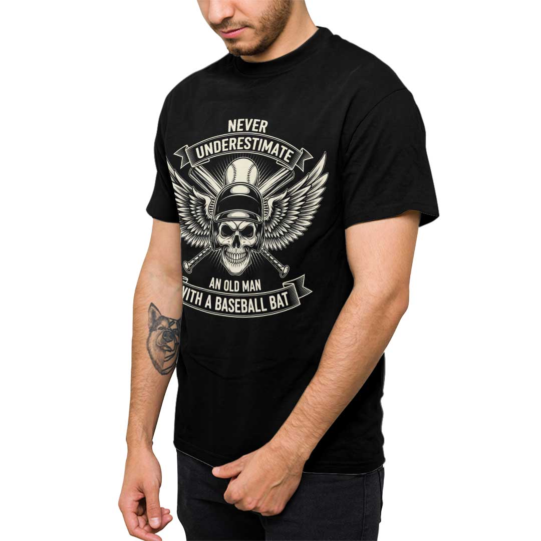 Never Underestimate Old Man - Black Navy Baseball T-Shirt