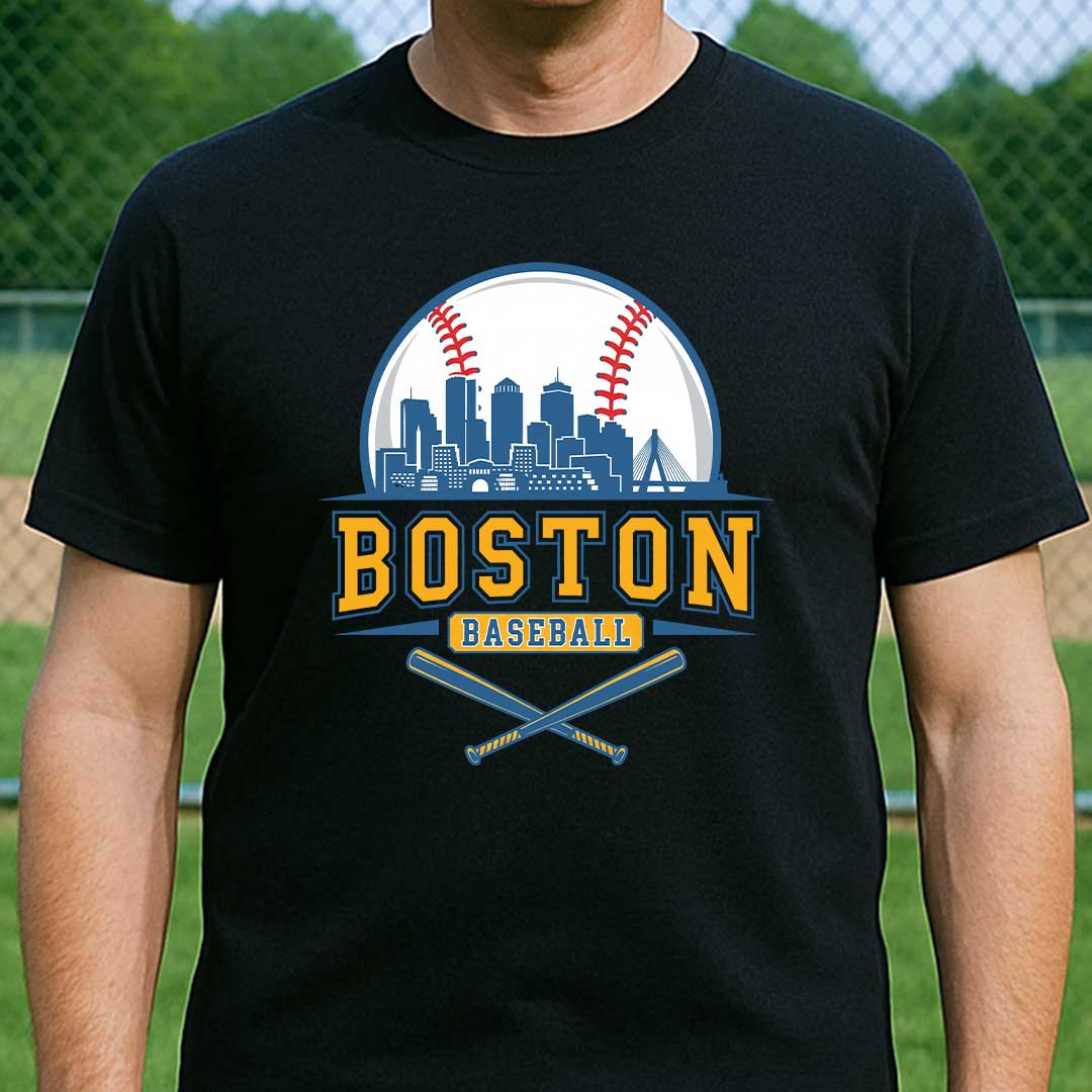 Baseball Boston State Series - Custom Black White Baseball T-Shirt