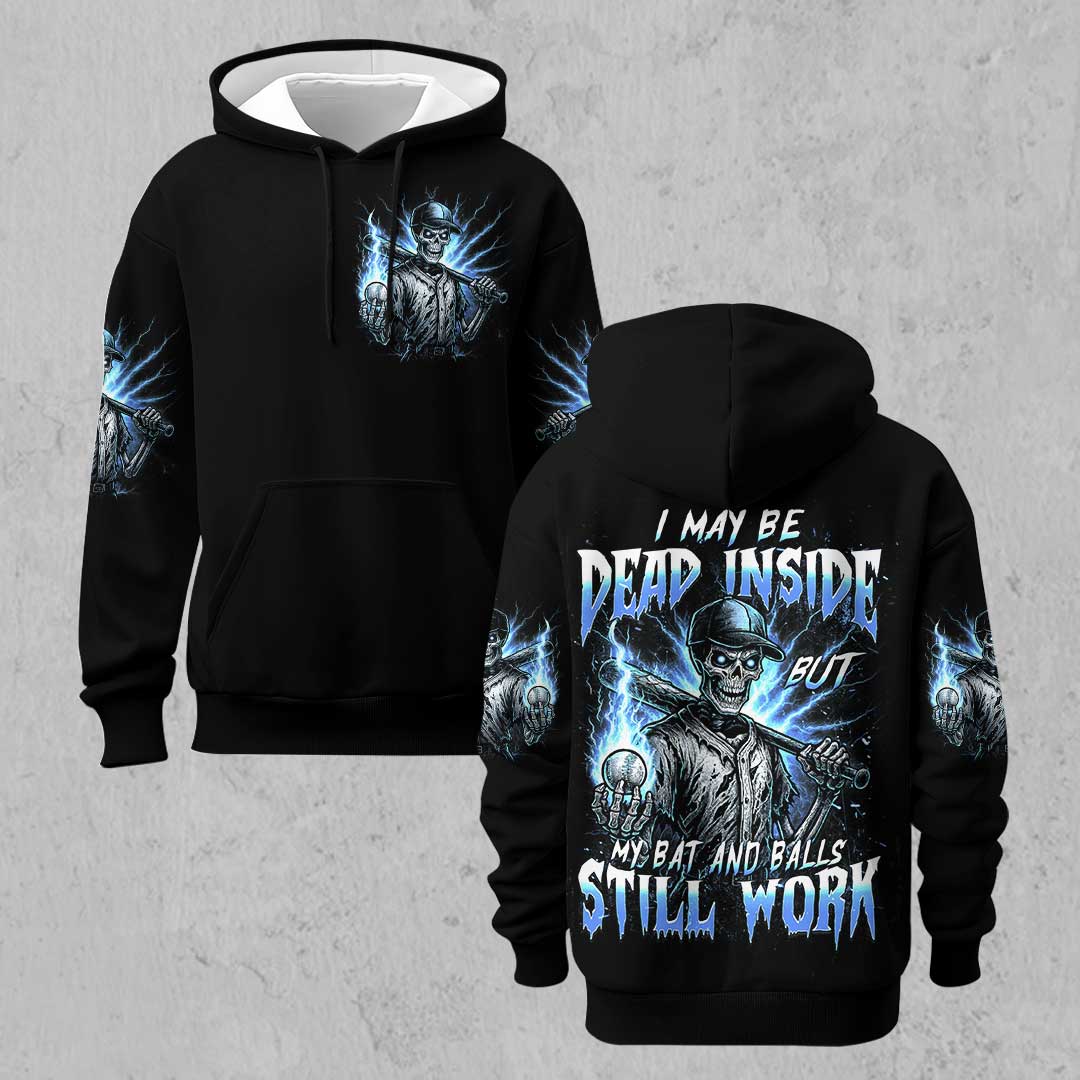 Dead Inside But Bat and Balls Still Work - Custom Black Skull Baseball Hoodie