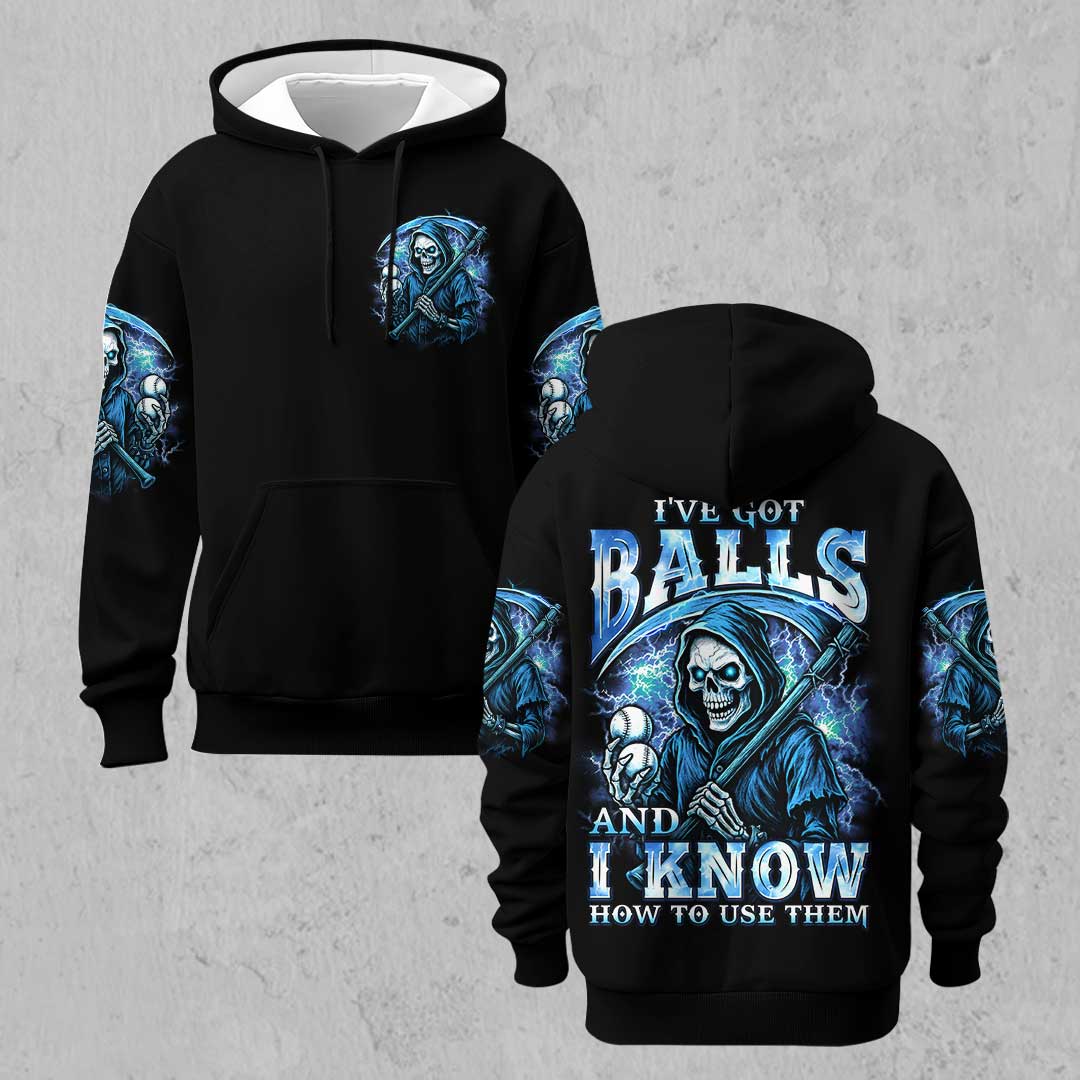 I've Got Balls And I Know How To Use Them - Custom Black Skull Baseball Hoodie