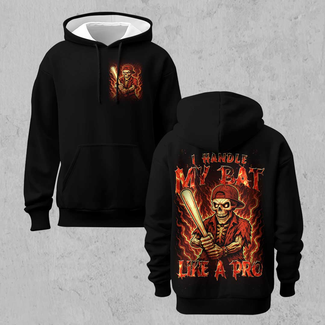Handle My Bat Like A Pro - Custom Black Skull Baseball Hoodie