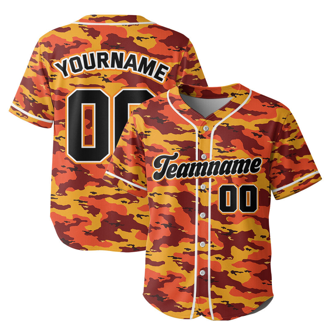 Custom Baseball Jersey with Orange Camouflage Pattern