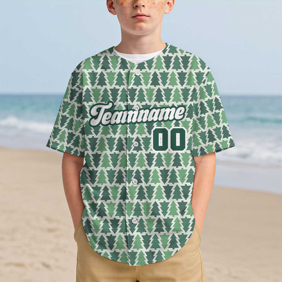 Custom Christmas Baseball Jersey with Snowflake and Pine Tree Pattern