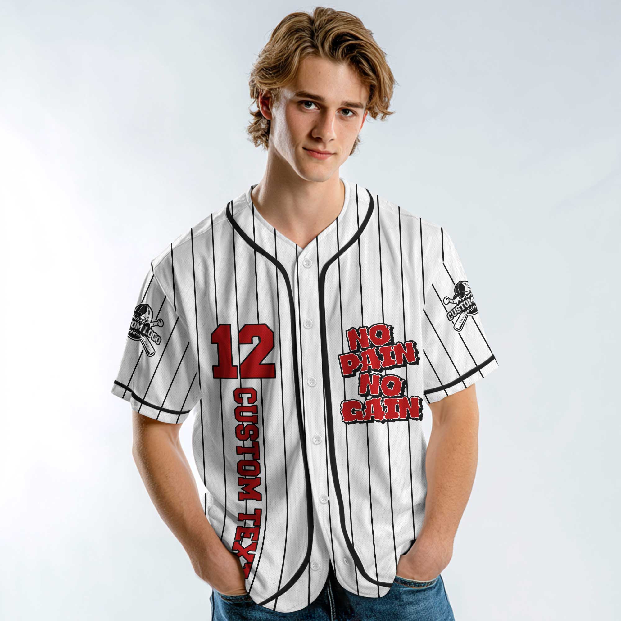 No Pain No Gain - Custom White Black Stripes Baseball Jersey
