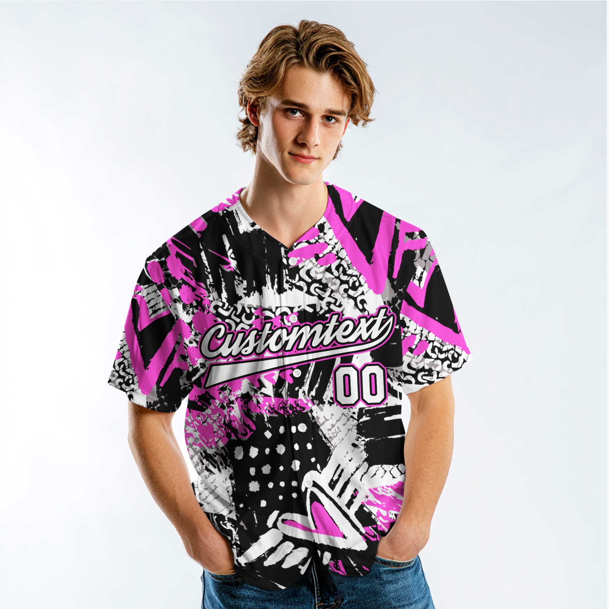 Custom Pink Ink Brush Stroke Pattern Baseball Jersey
