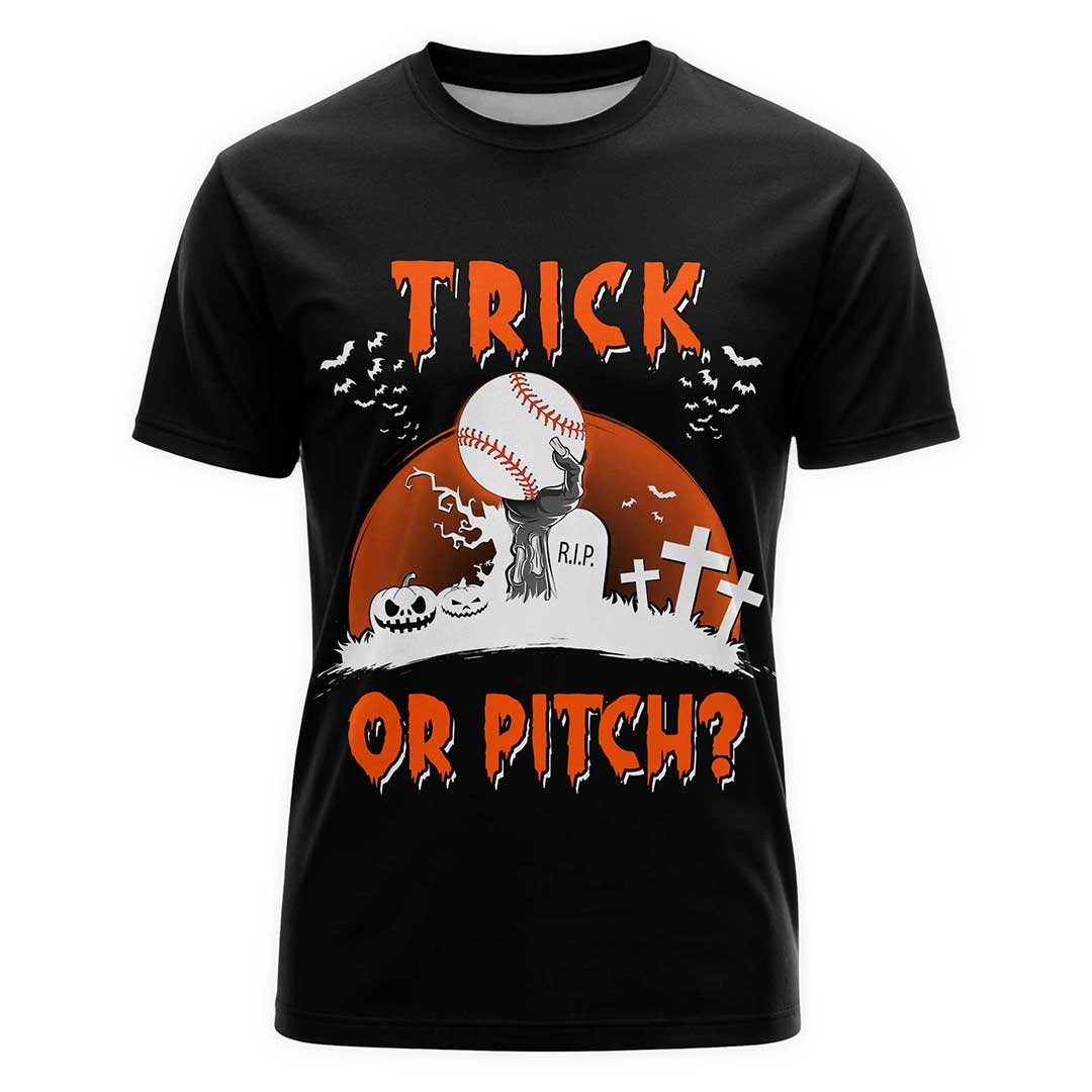 Trick Or Pitch Black White Baseball Halloween T-Shirt