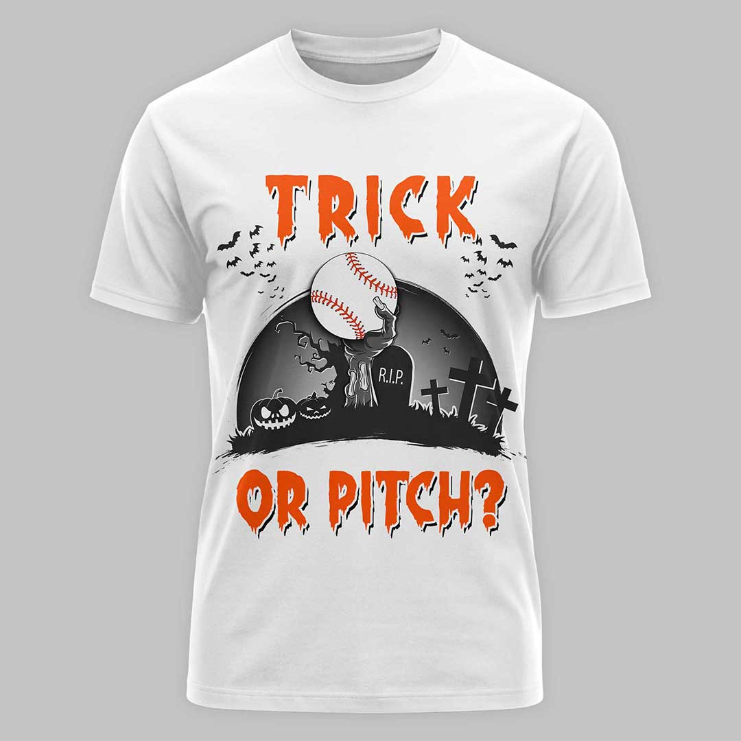 Trick Or Pitch Black White Baseball Halloween T-Shirt