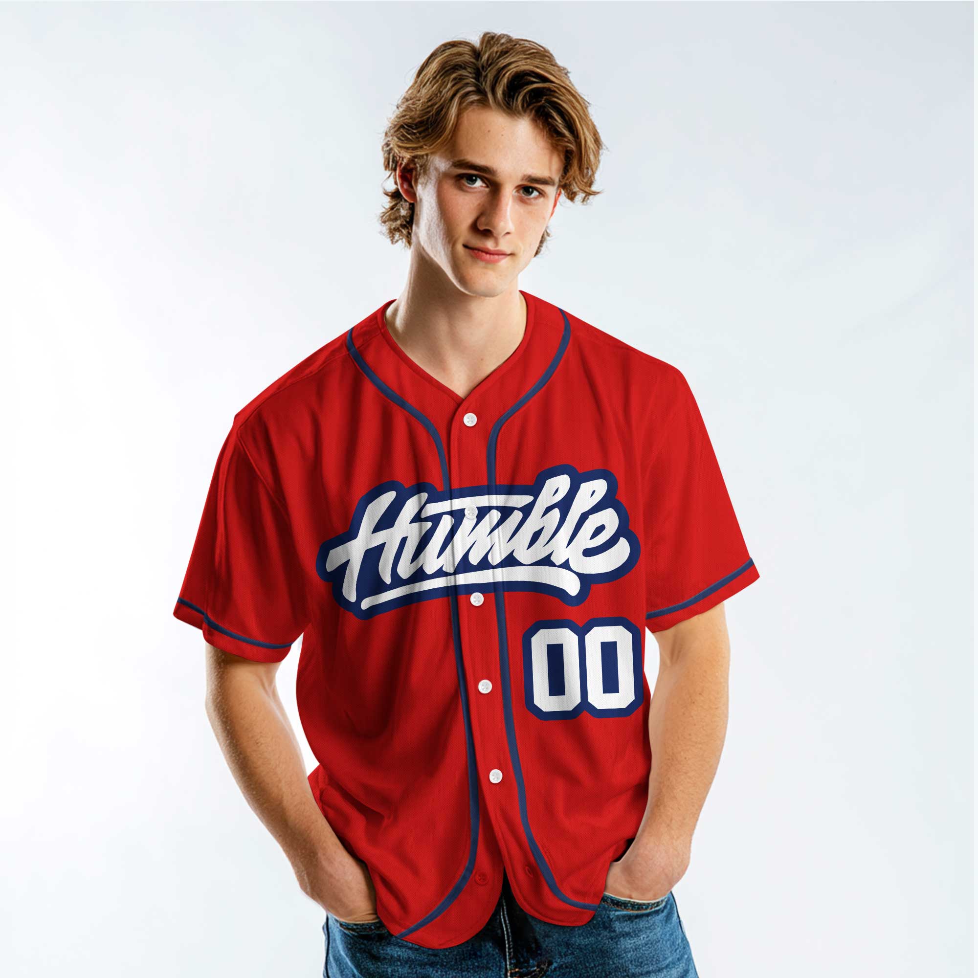 BE HUMBLE - Custom Red Navy Baseball Jersey